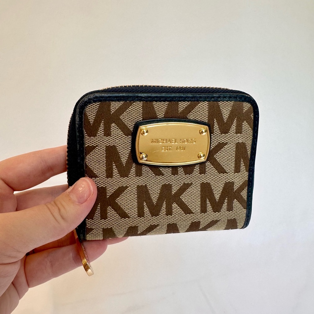 Michael Kors Tan and Gold Monogram Zip Wallet